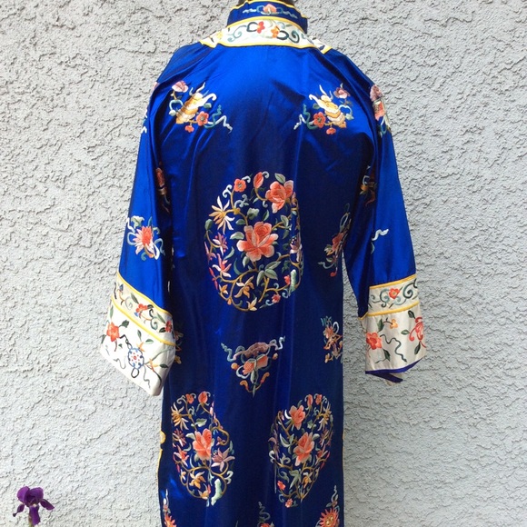 Vintage Esme Chinese Floral Embroidered Royal Blue Kimono Dress Robe Long Coat - Picture 5 of 8